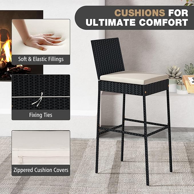 HAPPYGRILL Wicker Patio Barstools Set of 4, Outdoor Rattan Bar Chairs with Footrest & Backrest, Armless High Top Chairs with Seat Cushions for Backyard, Balcony HAPPYGRILL