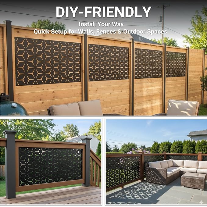 6FT Metal Privacy Screen Outdoor – Decorative Laser Cut Privacy Fence Panel for Patio, Deck & Garden, Rustproof Steel Privacy Divider, Modern Geometric Design, Freestanding Outdoor Privacy Screen TALLYVERUS