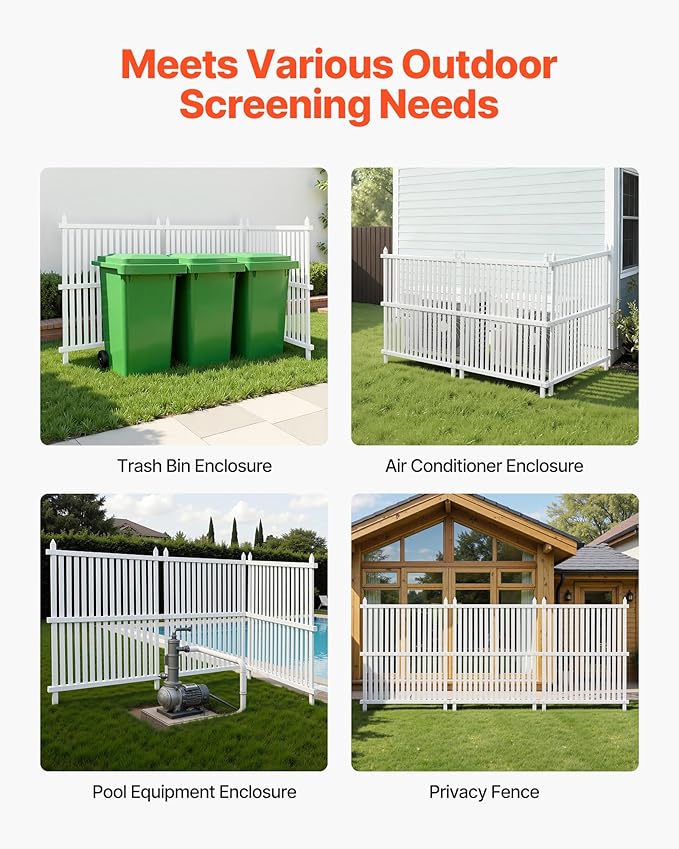 VEVOR 3 Panels Outdoor Privacy Screen, 36 x 45 in Air Conditioner Fence with 19.7 in Ground Stakes, Pool Equipment Enclosure, Strip Vinyl Privacy Fence, Ideal for Trash Can and A/C Units, White VEVOR