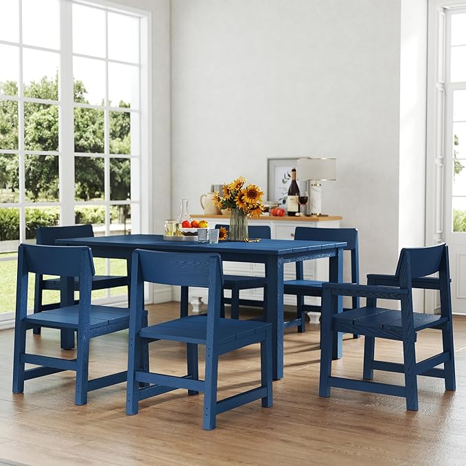 7 Piece Outdoor Dining Table Set HIPS Patio Dining Sets with Umbrella Hole Outdoor Furniture for 6 All Weather Patio Furniture Set for Outside Deck Backyard Poolside Garden, Deep Blue JOCOEVOL
