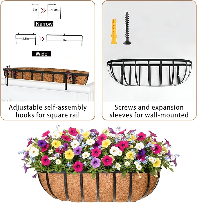 16'' Window Box Railing Planter with Coco Liner,2 Pack Horse Trough Planters Black Metal Hanging Flower Planters Basket for Porch Fence Patio Indoor Outdoor Lawn Qusuxi