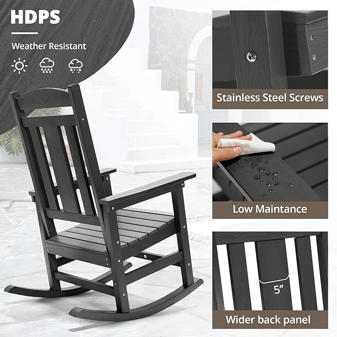 LUE BONA Outdoor Rocking Chairs Set, 3-Piece, HDPS Poly Porch Rockers with Table, Plastic Weather Resistant Rocking Chair Set for Outdoor Indoor, Garden, Backyard, 350lb, Gray Chairs+Table LUEBONA