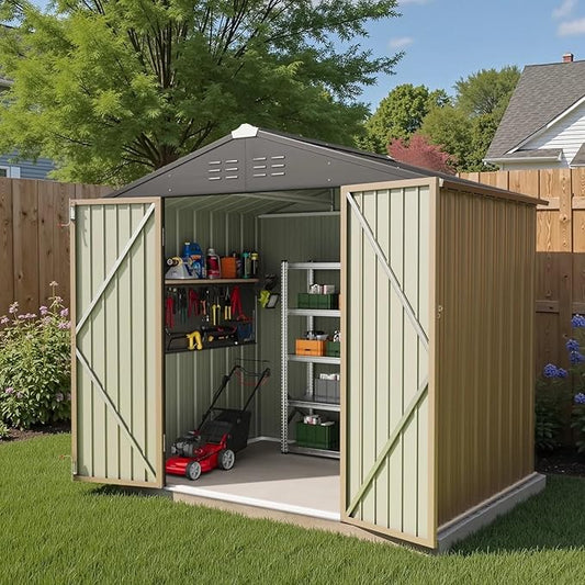 Greesum 8×6FT Outdoor Storage Shed, Metal Patio Storaged Sheds with Lockable Doors, Sheds & Outdoor Storage for Bike, Backyard, Pool and Garden, Brown BuynowfromGreesum