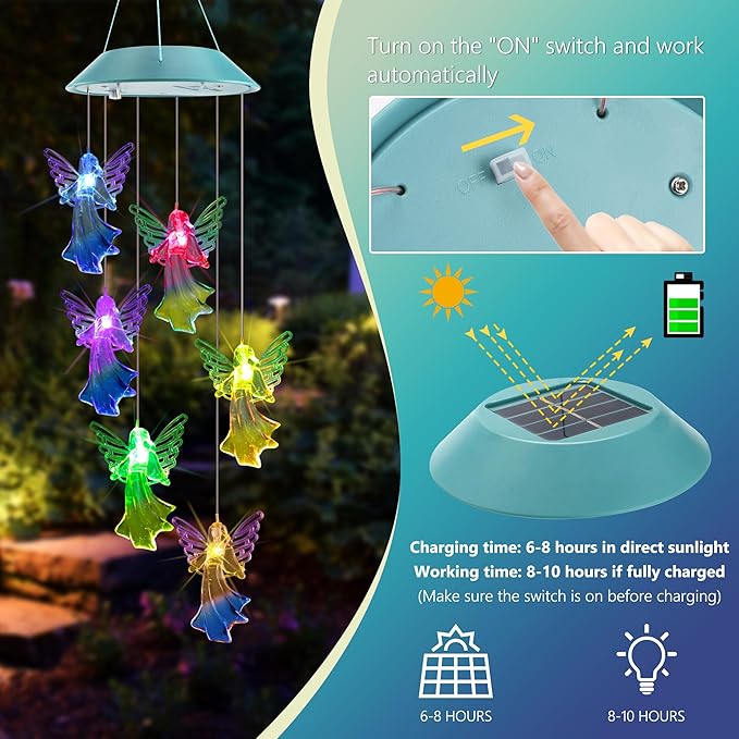 Toodour Solar Wind Chimes, Color Changing Angel Wind Chimes, LED Decorative Mobile, Gifts for Mom Grandma, Waterproof Outdoor Decorative Lights for Garden, Patio, Yard, Window Outdoor Decor Toodour