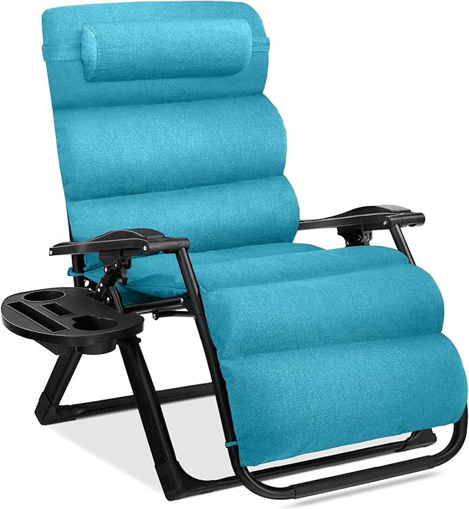 Best Choice Products Oversized Zero Gravity Chair, Folding Outdoor Patio Recliner, XL Anti Gravity Lounger w/Removable Cushion, Cup Holder, Side Tray, 350lb Capacity - Light Blue BestChoiceProducts