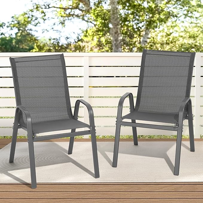 Patio Chairs Set of 2, All Weather Breathable Stackable Outdoor Dining Chairs with High Back and Wide Seat, Easily Set Up Outdoor Chairs Set of 2 with Metal Frame for Backyard Garden Pool, Grey Dovov