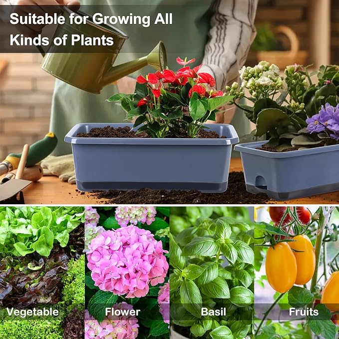Window Box Planter 6 Pcs, 18 Inches Rectangle Flower Pots with Drainage Holes and Trays, Vegetable Planters for Windowsill Patio Garden Balcony Home Porch Yard Indoor Outdoor (Grey, 18*10*6 inch) Oliz