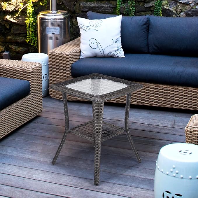 VINGLI Outdoor Side Table with Storage Wicker Patio Side Table, Tempered Glass Top End Table for Balcony Porch Deck (Grey) VINGLI