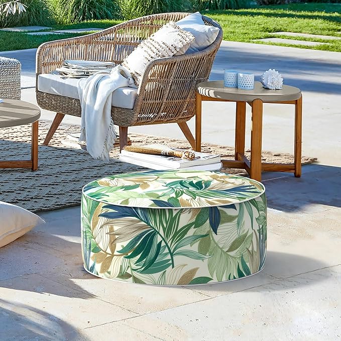 LVTXIII Inflatable Stool Ottoman Footrest with Handle, Decorative Fade-Resistant Foot Stool, Indoor or Outdoor Pouf for Home Garden and Camping Use, D21 x W 21 x H9, Lush Leaf Green LVTXIII