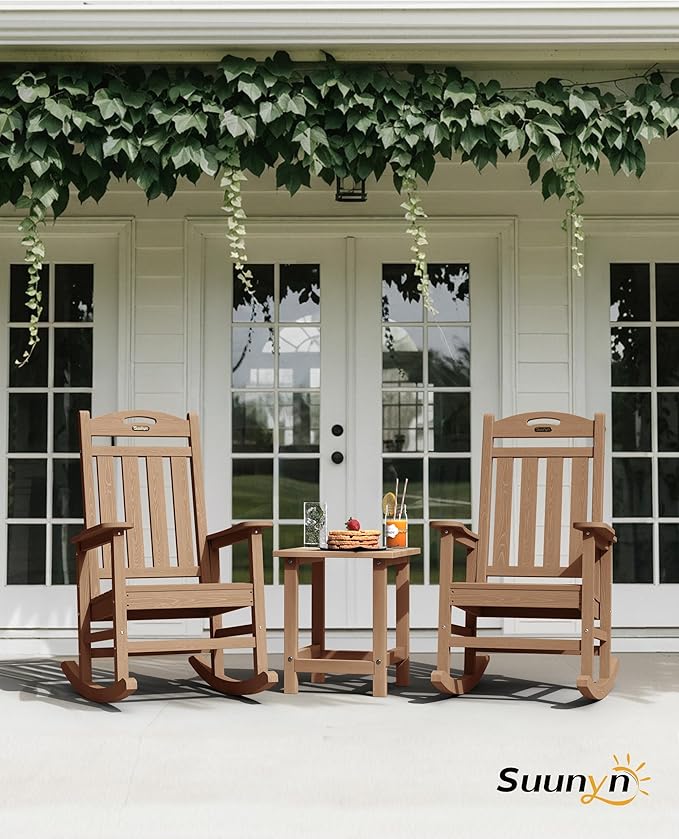 Oversized Rocking Chairs Outdoor Set of 2, High Back Porch Rocking Chair, HDPE All Weather Resistant Patio Chairs, 380lbs Weight Capacity, Teak Suunyn