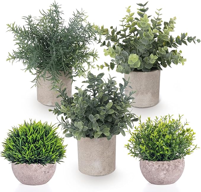 Fake Plants,5 Pack Small Fake Plants Mini Potted Artificial Eucalyptus Greenery Plastic Green Grass Plants for Indoor Outdoor,Mini Faux Plant for Shelve Desk Table Farmhouse Bathroom Shelf Decor Lemonfilter