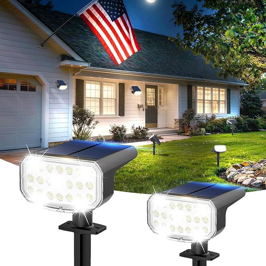 Solar Lights Outdoor Waterproof IP65, Super Bright LED with Lens, 6500K 2 Lighting Modes, Solar Powered Yard Garden Solar Spot Lights for Outside Landscape Auto On/Off -2 Pack JEJOT