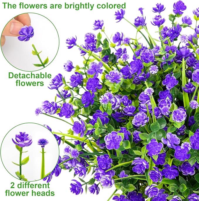 20 Bundles Artificial Flowers for Outdoors Fake Plastic Flowers UV Resistant Realistic Faux Plants Shrubs for Spring Summer Garden Porch Yard Patio Planter Window Box Home Decor, Purple Besteek