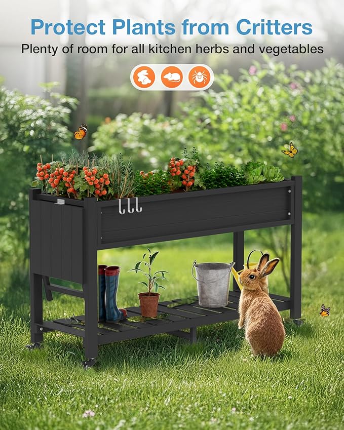 YEFU Raised Garden Bed with Legs: 57x18x30in Elevated Poly Planter with Wheels,Waterproof Mobile Raised Bed Garden, Elevated Planter Box Stand with Storage Shelf,For Deck,Patio,Porch,Yard (Black,2pcs) YEFU