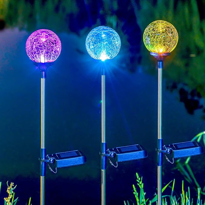 SOLPEX Solar Garden Lights 3 Pack, Solar Lights Outdoor Decorative, Solar Globe Lights Outdoor Waterproof for Yard and Garden, Multi-Color Changing Cracked Glass Ball LED Lights Solpex