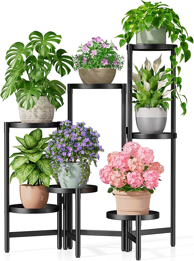 7 Tiered Metal Corner Plant Stand Indoor Outdoor, Tall Large Folding Rack with Rust Proof 7.9 Inch Wide Tray, Heavy Duty Flower Shelf for Multiple Plants for Patio - BlackDisk Rootora