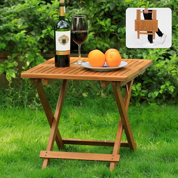 Idzo Mira Acacia Wood Folding Bistro Side Table Outdoor, 19.5 Inch x 19.5 Inch, Heavy Duty 200 Lbs Capacity Loading, Space-Saving for Garden & Balcony, No Assembly Idzo