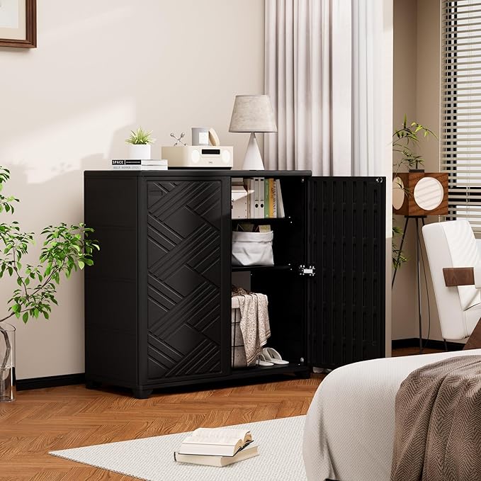 Outdoor/Indoor Storage Box,Resin and Plastic Storage Cabinet Waterproof,Outdoor Cabinet for Patio/Garden/Balcony/Backyard/All Room(with 2 Shelves)-Black Mrosaa