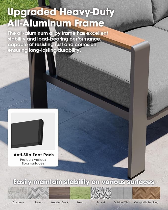 Aluminum Outdoor Patio Furniture Set 6 Seats, Outdoor Sectional Corner Sofa with Thick Waterproof Cushions & Coffee Table, Patio Conversation Sets for Backyard, Porch, Balcony, Deck, Gray ComfCove