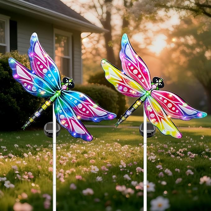 Hexagram Dragonfly Garden Decor, Dragonfly Garden Stakes Set of 2, Gardening Gifts Solar Stake Lights Decorations, Light for Patio Yard Lawn Home Pathway Decor Hexagram