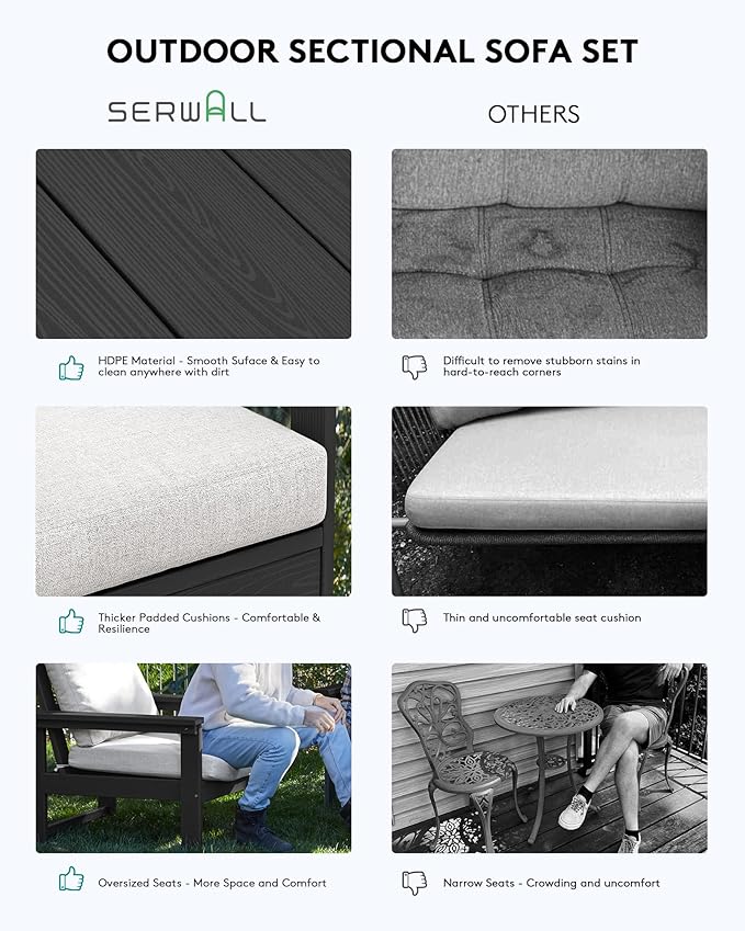 SERWALL HDPE Patio Sofa Set, 3-piece Sectional Outdoor Furniture Set, All Weather Outdoor Couch Set Patio Furniture Set for Deck, Lawn, Black Frame with Khaki Cushion SERWALL