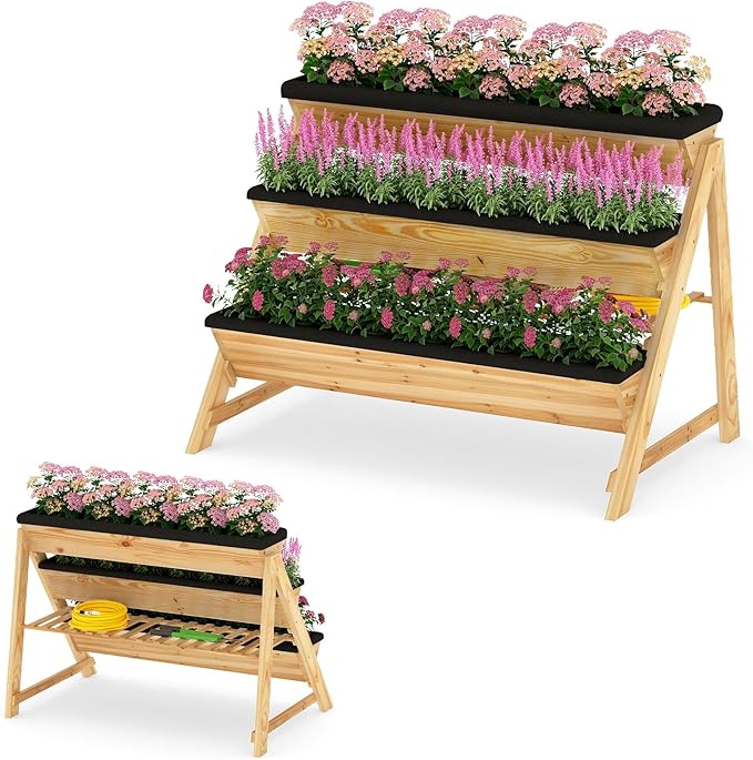 Giantex 3-Tier Vertical Raised Garden Bed, Wood Elevated Planter Box with Legs, Storage Shelf, Liners for Growing Vegetables Herbs Flowers, Indoor Outdoor Freestanding Raised Bed for Patio (Natural) Giantex