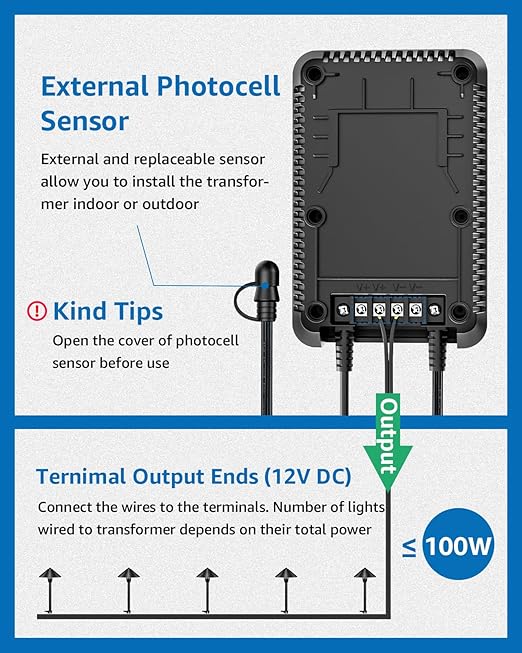SUNVIE 100W Low Voltage Landscape Transformer Weatherproof Low Voltage Transformer with Photocell & Timer 120V AC to 12V DC Landscape Lighting Transformer for Outdoor Spotlights Path Lights Step Light SUNVIE