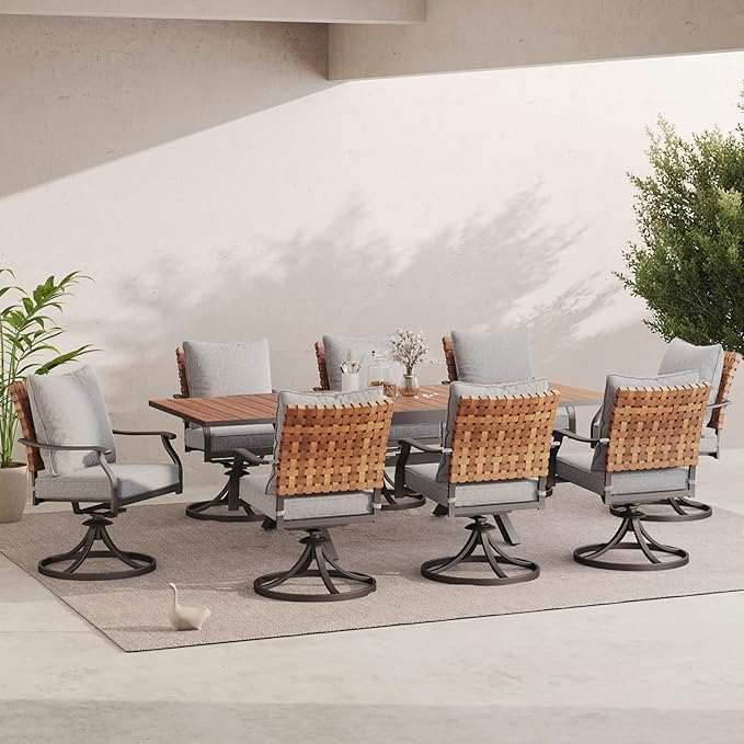 Grand patio 9-Piece Outdoor Dining Set, 8 Leather-Look Wicker Swivel Patio Chairs & 1 Extendable Rectangular Dining Table, Brown GrandPatio