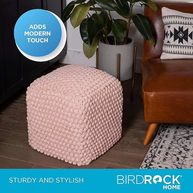 BIRDROCK HOME Buds Pouf Foot Stool Ottoman - Knit Bean Bag Floor Chair - Cotton Braided Cord - Great for The Living Room, Bedroom and Kids Room - Small Furniture (Dusty Rose - Buds) BIRDROCKHOME
