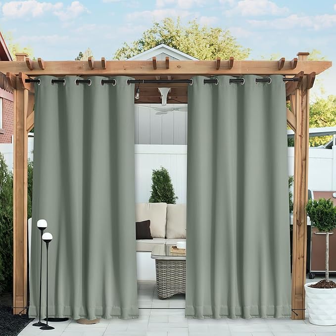 NICETOWN 2 Panels Waterproof Outdoor Curtains Fixed Grommet & Back Tab on Top & Bottom, Thermal Insulated Keep Rain & Sun Out Privacy Windproof Outdoor Draperies with Rope, W52 x L72, Sage Green NICETOWN