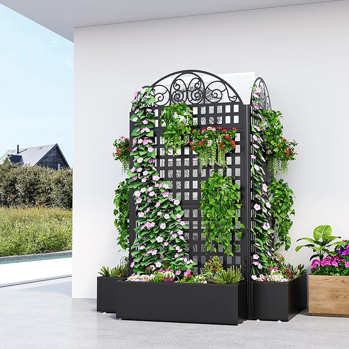Metal Raised Garden Bed with Trellis, 79"x40"x11.8" Planter Box with Privacy Screen for Patio Deck, Freestanding Divider Fence with Drainage Holes for Climbing Plants Vines & Vegetable XOCUWU