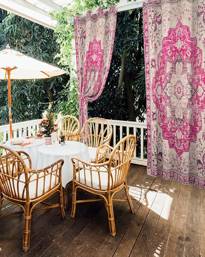 Pink Bohemian Outdoor Curtains for Patio Waterproof, Grommet Privacy Curtain Drapes Weatherproof Outside Curtains for Porch GazeboPergola Cabana 2 Panel 54x84inch Medallion Floral Geometric Printed Rootora