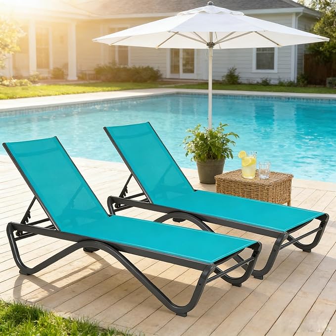 Kozyard Outdoor Chaise Lounge Chair, Full Aluminum Frame, Adjustable Reclining Patio Lounger for Poolside, Sunbathing & Backyard, Textilene (Aqua, 2Chairs) Kozyard