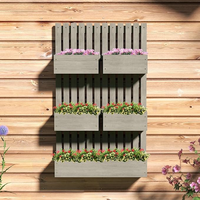 Outsunny 5 Box Raised Garden Bed with Trellis for Vine Flowers & Climbing Plants, 39" Tall Wall-Mounted Wood Planter Box Set with Adjustable Height, Drainage Hole, Gray Outsunny