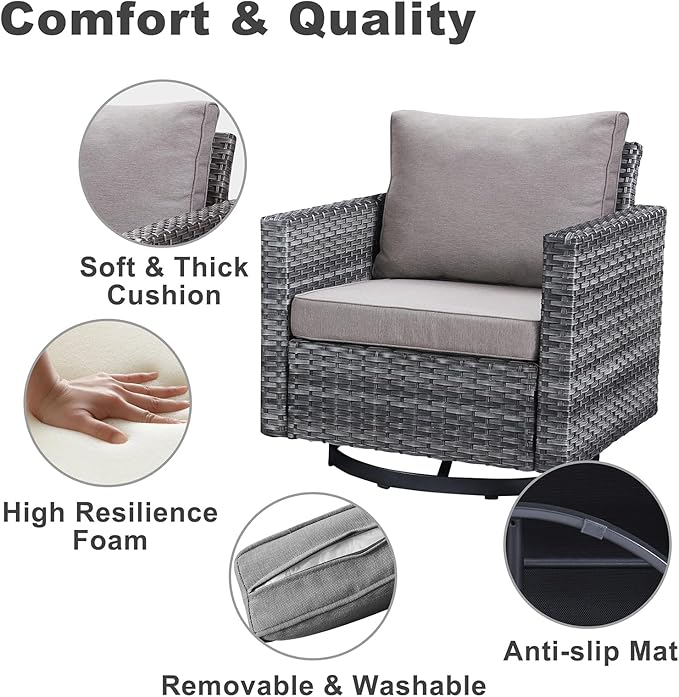 Belord Wicker Patio Furniture 5 Piece Outdoor Sofa Set, Oversize Outdoor Swivel Rocker Chairs with Rattan Ottomans, Conversation Sets Patio Furniture Come with Removable Washable Cushion Grey Belord
