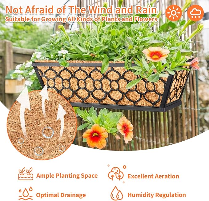 Riare 4 Pack 16 Inch Window Boxes Planters with Coco Liner, Metal Deck Railing Planter Boxes, Balcony Planters Railing Hanging, Horse Trough Window Flower Planter Boxes for Outdoor Porch Fence Patio Riare
