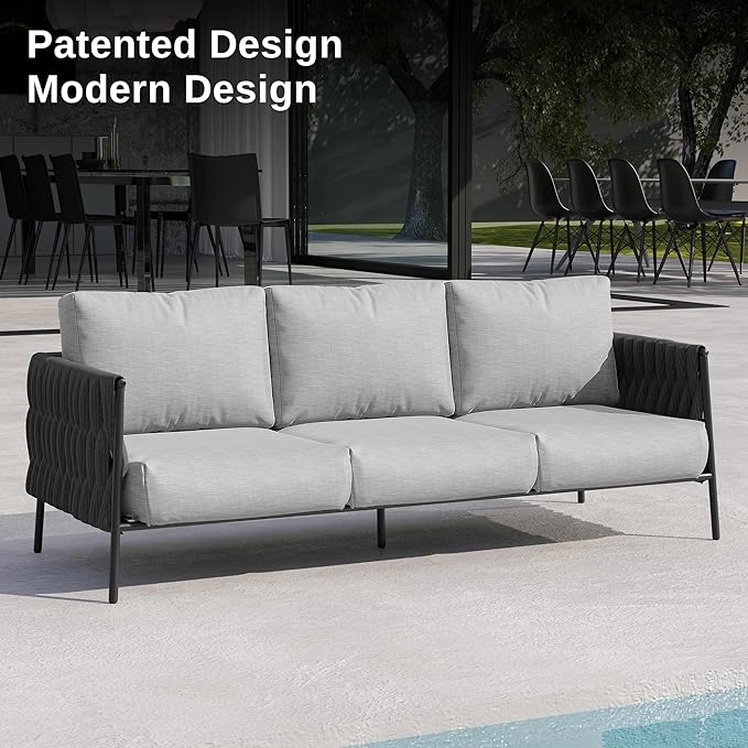 EAST OAK Life Chatter Outdoor Sofa, Outdoor Furniture 3 Seats with Waterproof Thick Cushions, Modern Patio Sofa Deep Seating for Outdoor Garden Porch Blackyard, Earth Black & Misty Grey EASTOAK