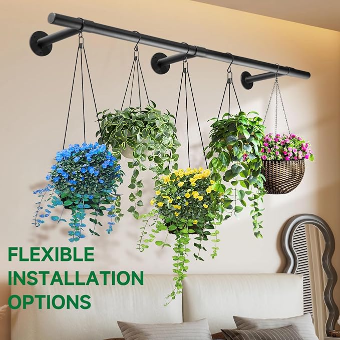 Hanging Planters Rod – Plant Hanger Indoor for Window Ceiling, Hanging Plant Shelf for Wall Planter House Plants, Plant Shelves Metal Holder Bar 63In (Pots, plants, chains not included) Rootora