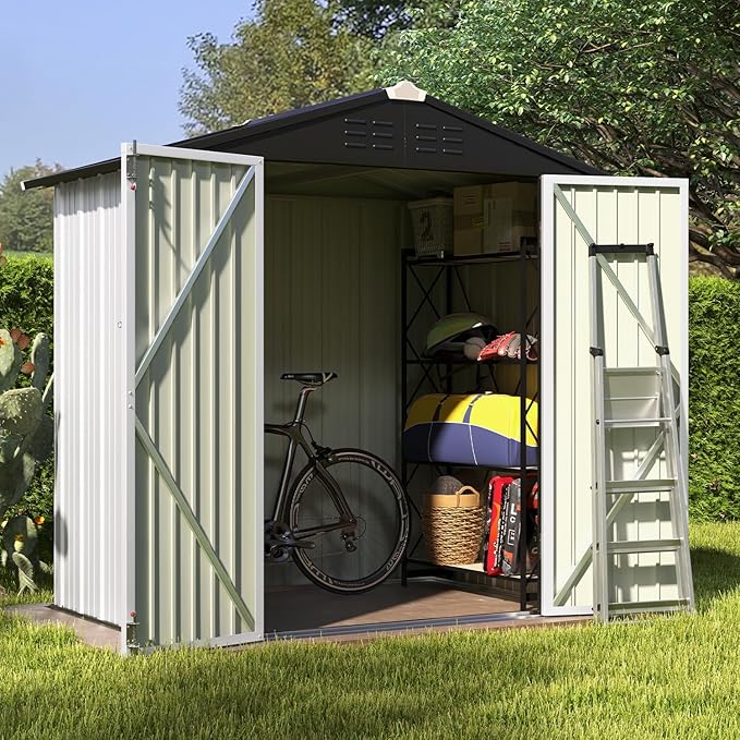 Patiowell 6x4 FT Outdoor Storage Shed, Garden Tool Storage Shed with Sloping Roof and Double Lockable Door, Outdoor Shed for Garden Backyard Patio Lawn,White Patiowell