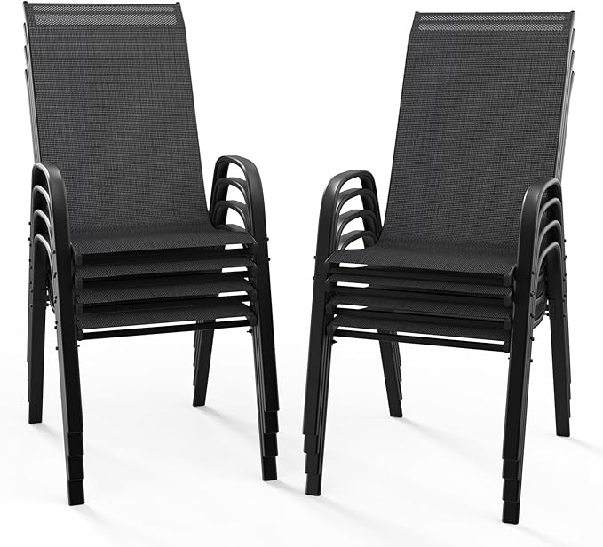 VINGLI Patio Chairs Set of 8 – Stackable Outdoor Dining Chairs with Comfortable Sling High Back Chairs and Armrests for Lawn, Poolside, Courtyard, Balcony, Garden, Black VINGLI