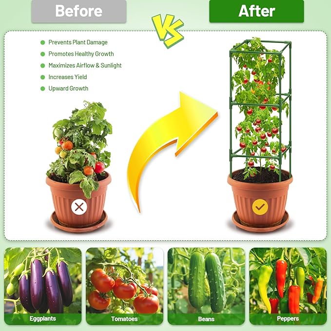 Legigo 6 Pack Square Tomato Cages for Garden- Up to 45 Inch Tomato Trellis Plant Cages Support, Tomato Stakes and Supports Cage for Climbing Vegetables Raised Garden Bed Cucumbers Peppers Flowers Legigo