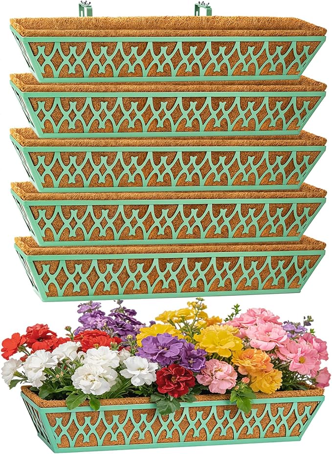 6 Pack 30 Inch Window Boxes Planters Railing Planter Box with Adjustable Brackets for Porch Fence Patio Balcony Hanging Flower Baskets with Coco Liners for Outdoor Garden Decor - Green KarlliuHOMEGARDEN