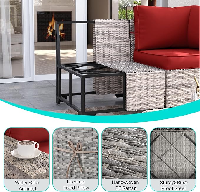 6-Piece Outdoor Patio Furniture Set Wicker Sectional Sofa Set, Patio Conversation Set with Thickened Cushions & Coffee Table for Garden, Backyard, Poolside, Red MuphyersPatioFurniture