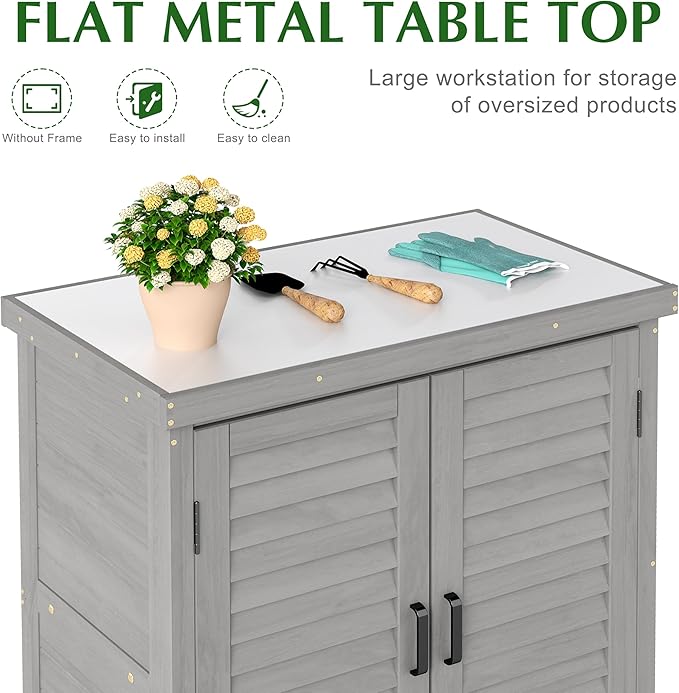 Outdoor Storage Cabinet & Potting Bench Table with Metal Top, Wooden Patio Furniture, Garden Workstation (Accent Grey, 36x31x17in) OutdoorFurniture