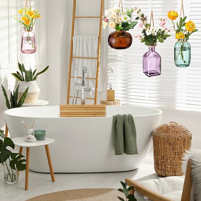 4 Pcs Stained Glass Hanging Vases Hanging Glass Planters Small Plant Terrarium Pot Containers with Rope for Garden Home Indoor Outdoor Decor, 4 Styles (Fashionable) Wonderjune