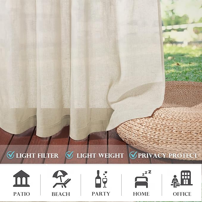 RYB HOME Outdoor Indoor Farmhouse Linen Sheer Curtains - Rustic Semi Sheer Privacy Drapes with Curtain Ropes for Patio Gazebo, 52 inch Wide x 108 inch Long, 2 Panels, Beige RYBHOME
