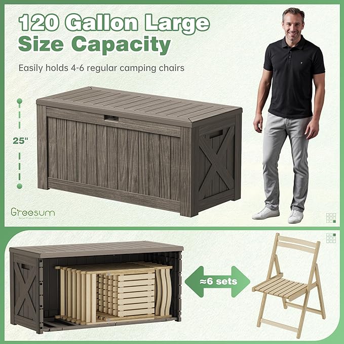Greesum Outdoor Storage Box 120 Gallon Storage Bin with Lid for Patio Furniture, Garden Tools, Pool Supplies, Lockable, Waterproof and UV Resistant, Coffee BuynowfromGreesum