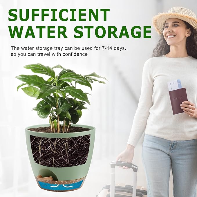 Plant Pots 10/9/8 Inch Self Watering Pots, Set of 3 Plastic Planters with Drainage Holes and Saucers,Plastic Flower Pots,Nursery Planting Pot for Indoor Out Door Plants（Green） QRRICA