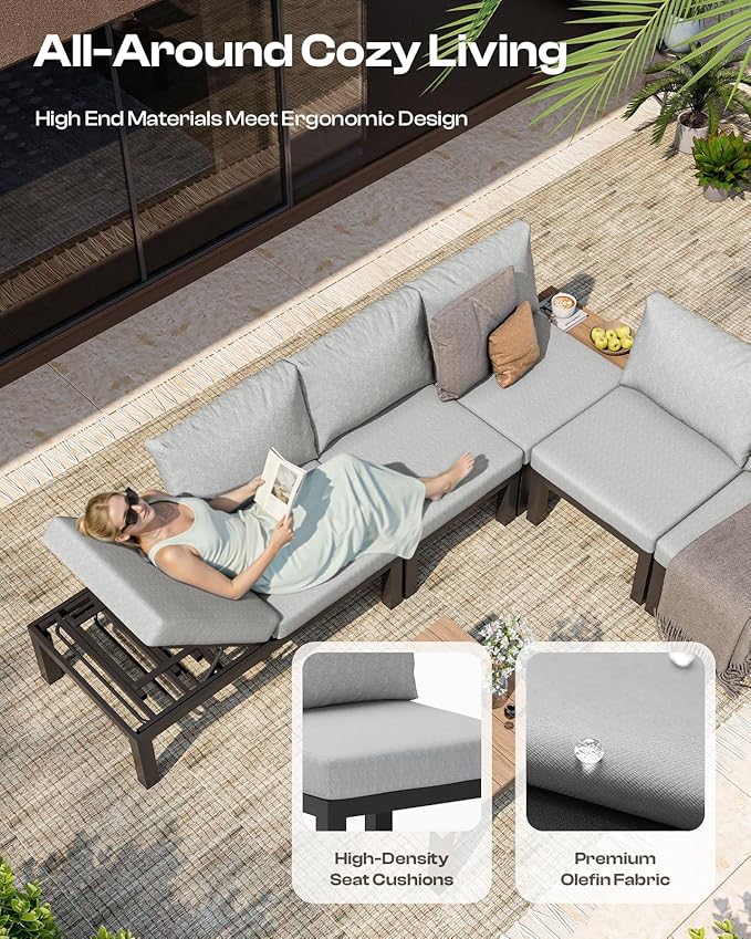 Aluminum Outdoor Patio Sofa Set, 2 Seats Modular Sectional Sofa with Side Table, Thick & Removable Cushions, All-Weather Outdoor Conversation Sets for Garden & Yard, Gray Oasbira