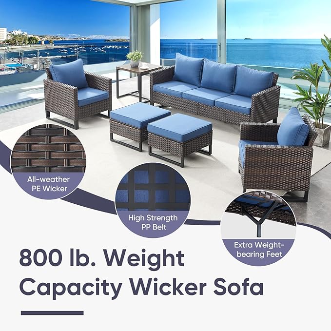 Belord 7 Pieces Patio Furniture Set with Fire Pit Table: Wicker Patio Conversation Set with Outdoor Swivel Glider Rocker Patio Couch Metal Side Table, All Weather Grey Rattan Belord